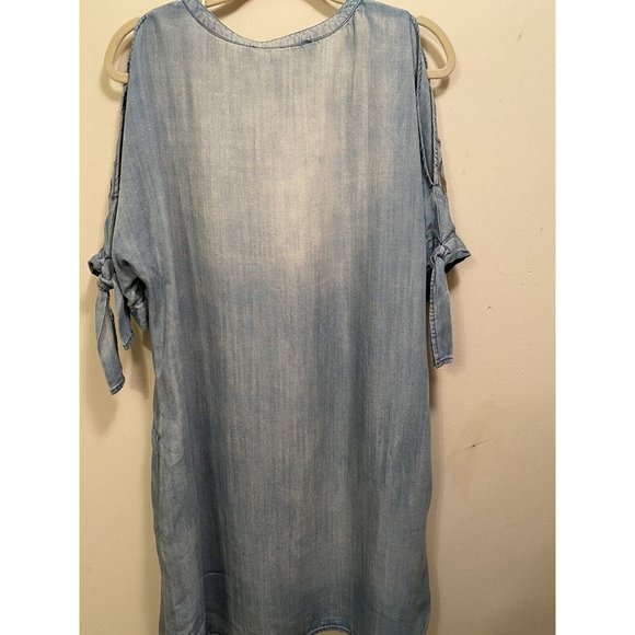 BLUE RAIN Dress Sand Washed Look Chambray Embroidered Cold Shoulder Pockets Med - Picture 5 of 12